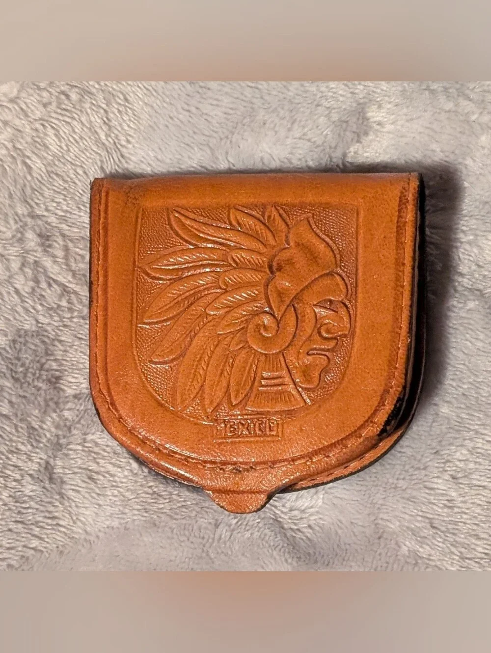 Vintage Brown Leather Mexican Wallet Coin Pouch with Embossed Eagle 3 Inches